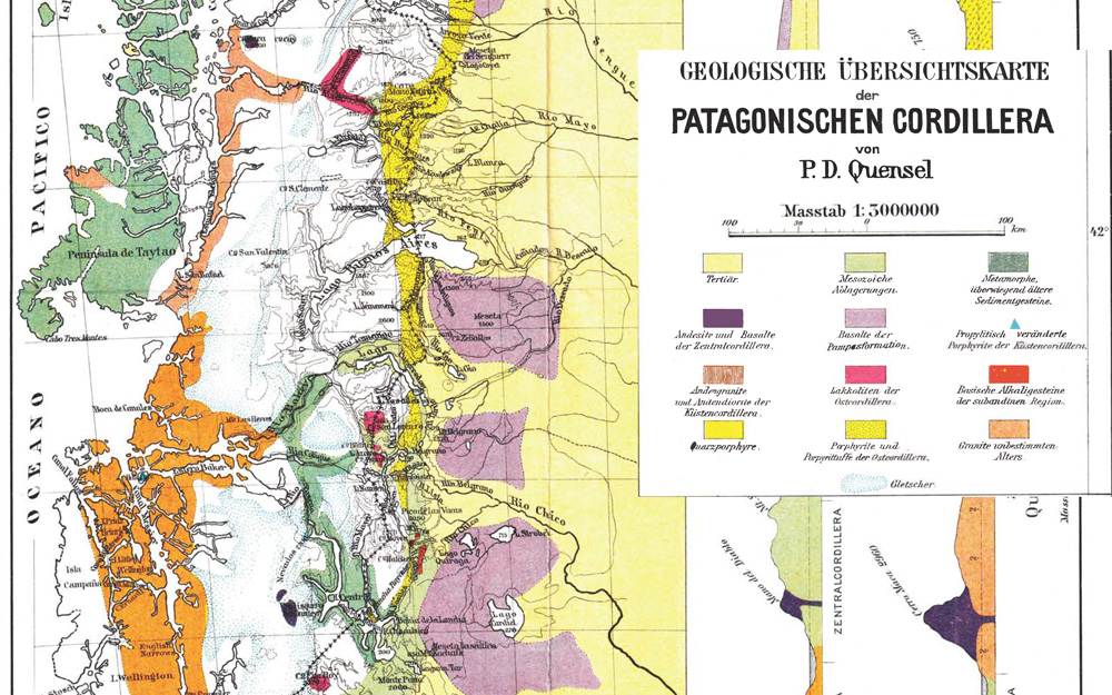 fragmento del primer mapa geológico de la región realizado por Quensel, basándose en las observaciones de Hauthal. Para la época, un gran avance aunque los elementos del paisaje circundantes al lago Belgrano fueron escuetos.